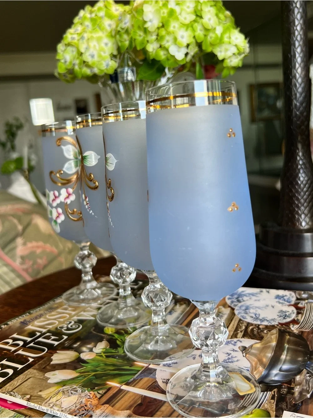Vtg Czech Crystal Blue Frosted Floral Champagne Glasses - Set of 4